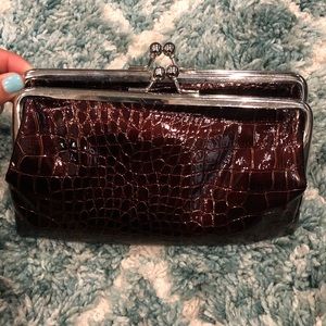 Large maroon foux snake skin double clasp wallet